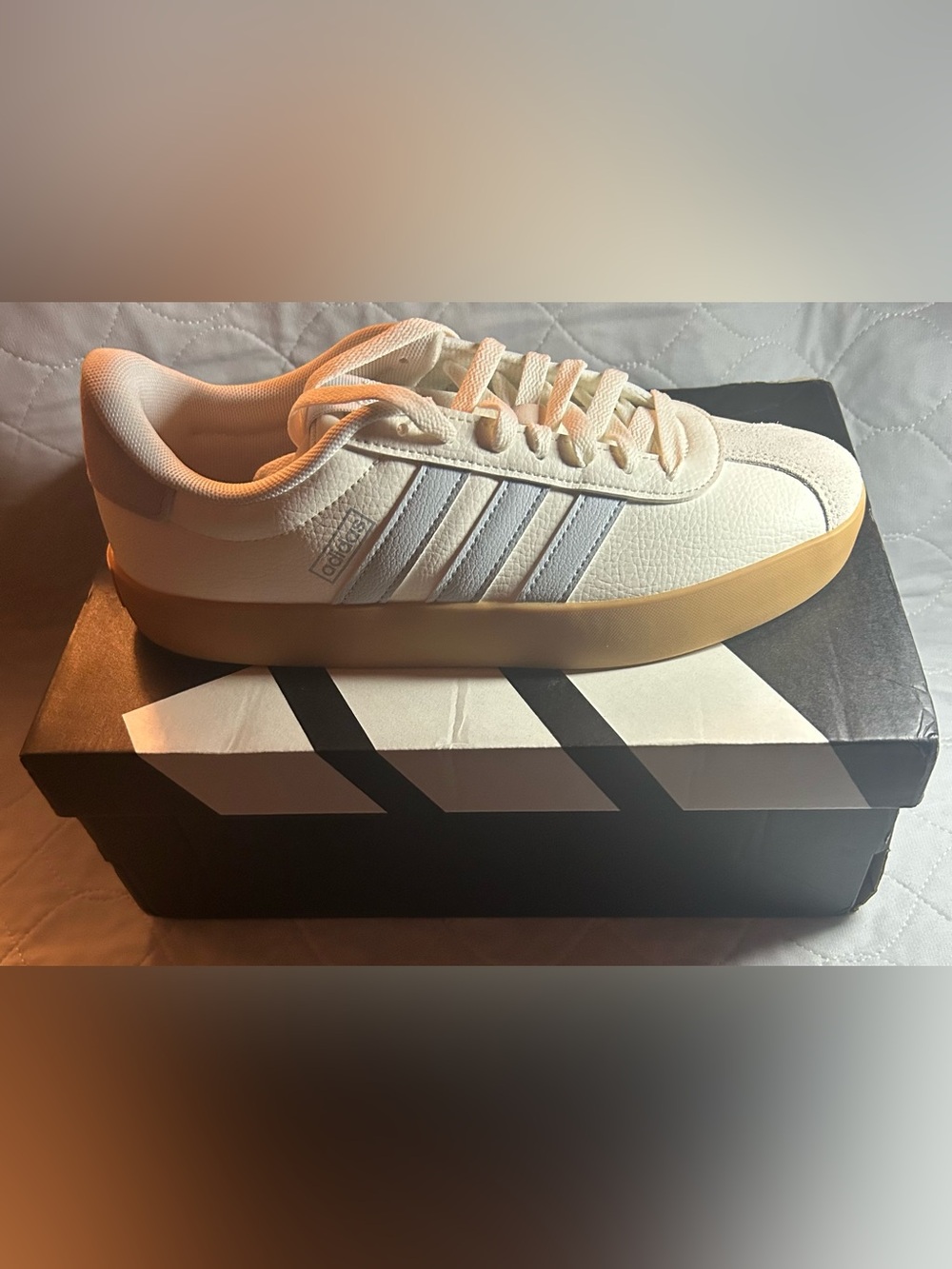 adidas White Sneakers with Light Blue Stripes and Gum Sole